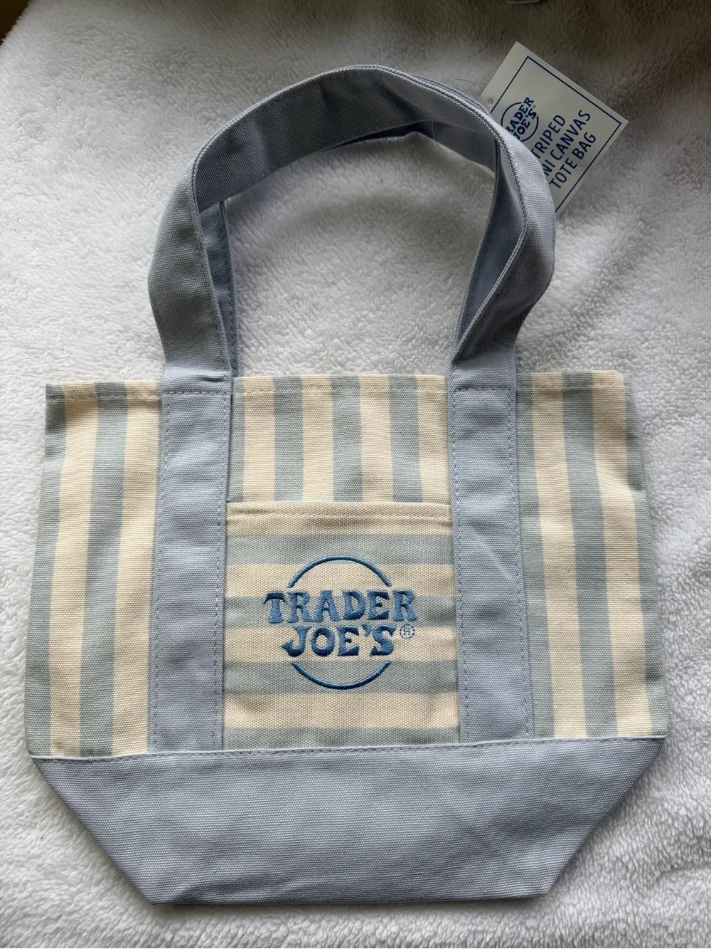 🛍️✨ NWT Mini Trader Joe's Canvas Tote Bag – Blue & Beige Stripes 🔥NEW RELEASE